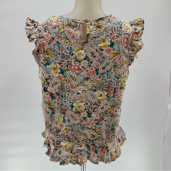 Solitaire Sz M Pink Yellow Flutter Sleeve Ruffled Blouse Embroidered colorful - Picture 4 of 12